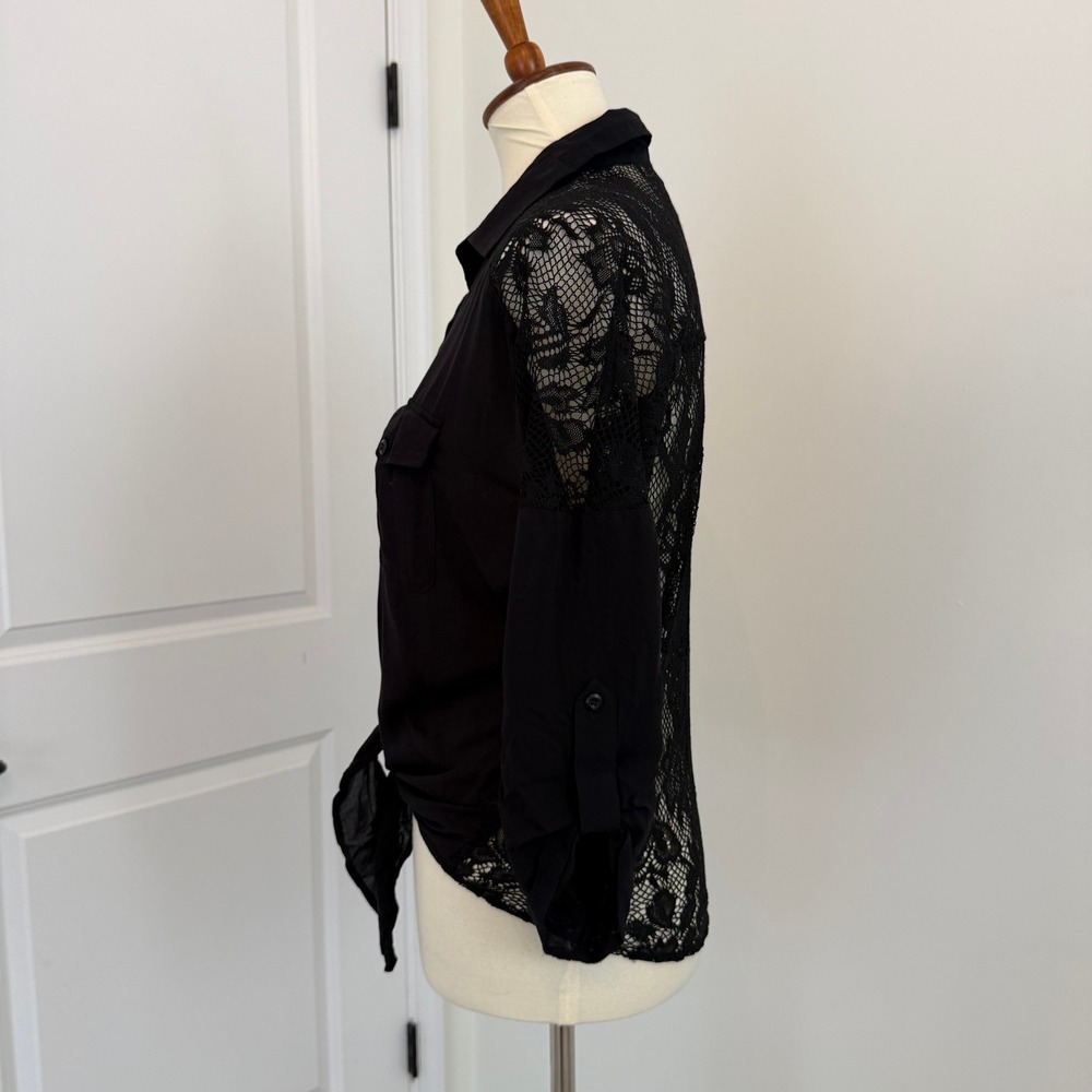 VTG Wet Seal Black Lace Collared Button Front Tie Waist Shirt‎ Womens Size M - Picture 2 of 10